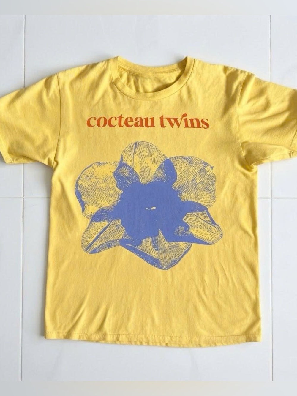 Vintage Yellow Cocteau Twins Graphic Tee with Purple Floral Print
